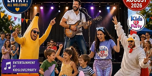 Free children's entertainment with KidsLove2Party and Live music from Neil Jones