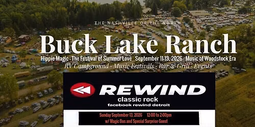 REWIND Live at Buck Lake Ranch Angola, Indiana Sunday September 13, 2026 12:00pm - 2:00pm