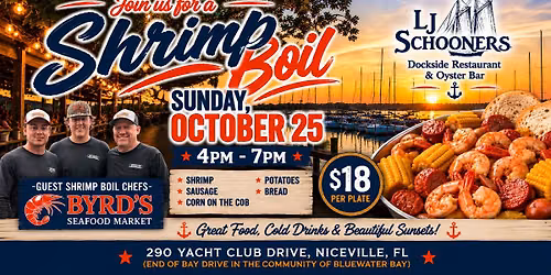 Sunset Shrimp Boils at LJ Schooners Dockside Restaurant & Oyster Bar