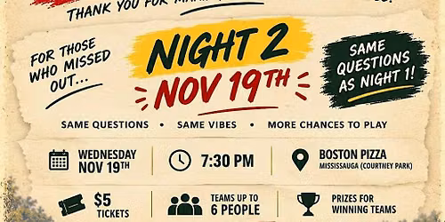Bollywood Trivia Night 2 @ Boston Pizza Courtney Park (Mississauga)