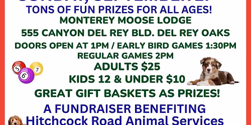 BINGO Fundraiser for Hitchcock Road Animal Services 9\/27 SUN