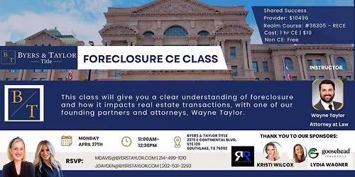 Brunch, Bubbles & Foreclosures: 1-Hour CE with Attorney Wayne Taylor and Custom Dream House Tour
