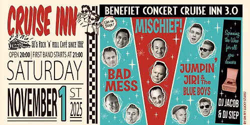 Benefiet Concert voor Cruise 3.0 met Jumpin\u2019 Jiri & The Blue Boys, Mischief! & Bad Mess
