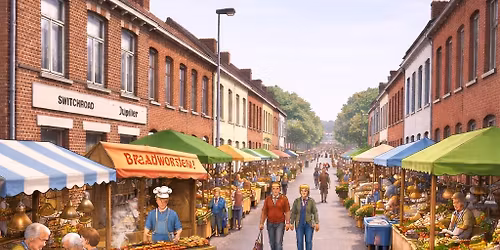 Rommelmarkt gedeelte Veurnestraat & inkom \u2018t Vliegende Paard. 