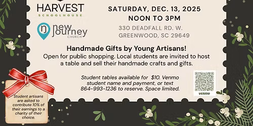 Harvest Schoolhouse Christmas Craft Fair at New Journey Church Greenwood