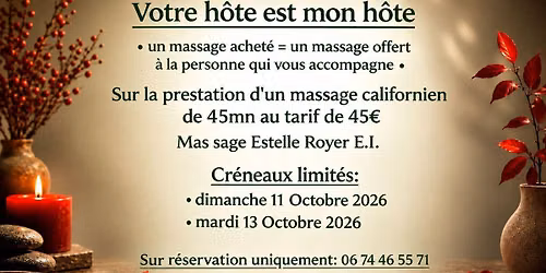 Massage californien relaxation, invitez 1 personne