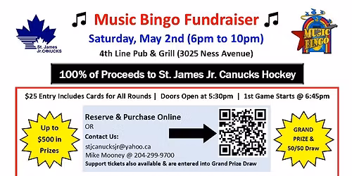 Music Bingo Fundraiser in support of St. James Jr. Canucks Hockey