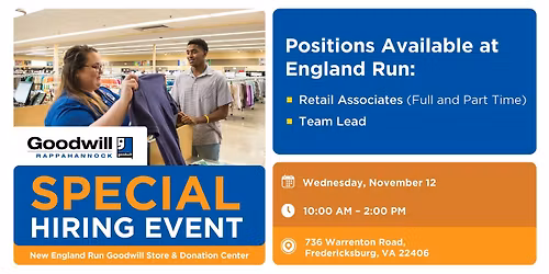 Special Hiring Event \u2013 England Run Goodwill Store & Donation Center