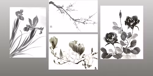 Sakuros, ro\u017e\u0117s, lotoso, orchid\u0117jos ar kito \u017eiedo japon\u0173 sumi-e tapyba ir kaligrafija (Kaunas) 