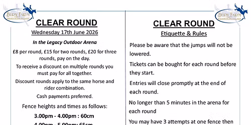 Clear Round Show Jumping at Bury Farm, Wednesday 17th June from 3pm