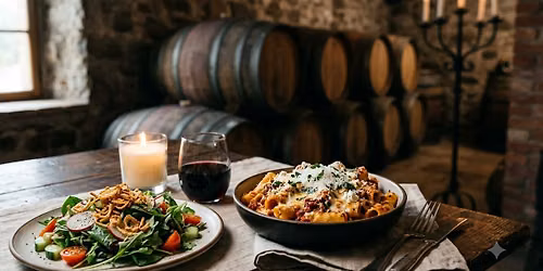 Cork 'N' Fork - Baked Rigatoni Ricotta  Parmesan Snow  Summer spring mix  Shallot vinaigrette Crispy