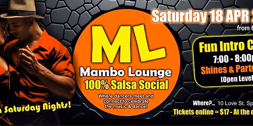 100% Salsa Social & DANCE CLASS! - Saturday 18 April - Mambo Lounge