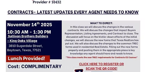In Person \u2013 COMPLIMENTARY \u2013 Contracts- Latest Updates Every Agent Needs to Know \u2013 Nov 14th