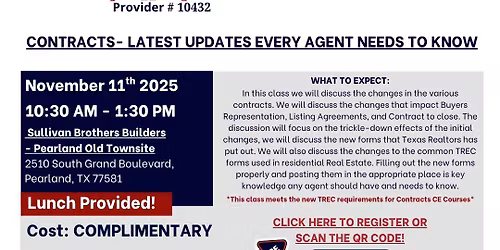In Person \u2013 COMPLIMENTARY \u2013 Contracts- Latest Updates Every Agent Needs to Know \u2013 Nov 11th