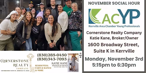 KACYP Social Hour - Monday, Nov 3rd - Hosted by Cornerstone Realty Company - 1600 Broadway St, Ste K