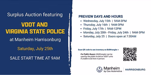 Virginia Summer Surplus Auction- OPEN TO THE PUBLIC! With units from VDOT and VA State Police