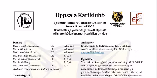Uppsala Kattklubbs internationella utst\u00e4llning 2026
