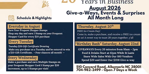 20 Years in Business August Give-a-ways, Events, Sales, & More