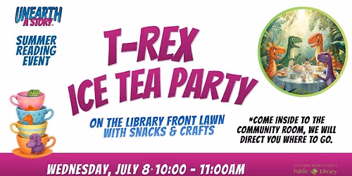 T-Rex Ice Tea Party on the Library's Front Lawn