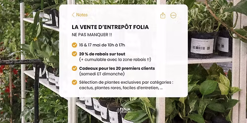 VENTE D'ENTREP\u00d4T FOLIA - PRINTEMPS 2026