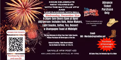 New Years Eve Party with Line Dancing with Bill & The Sayville VFW!