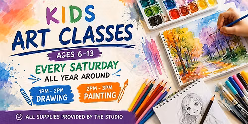 Kids Monthly Art Classes, Drawing, Painting, Clay, Mixed Media (Ages 6\u201313)