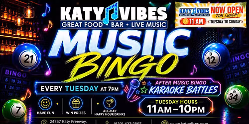 \ud83c\udfb5 Music Bingo Tuesdays at Katy Vibes! \ud83c\udfb5