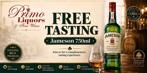 Free Jameson Irish Whiskey Tasting at Primo Liquors Davie