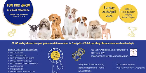 FUN DOG SHOW in aid of Epsom RDA on Sunday 26th April 2026 from 12.30pm