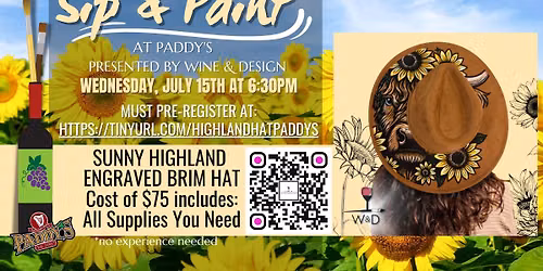 Sip & Paint at Paddy's with Wine & Design ~ 'Sunny Highland Engraved Brim Hat'!
