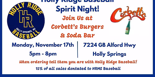 Corbett\u2019s Burger and Soda Bar HRMS Baseball Spirit Night
