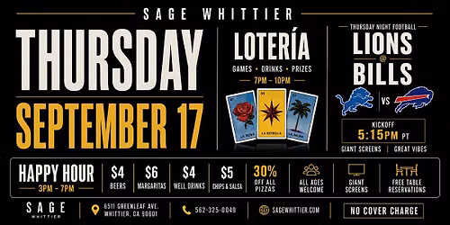 Loter\u00eda Night + Lions vs Bills TNF | Sage Whittier