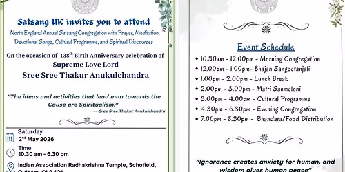 1st North England Satsang Congregation to celebrate 138th Birth Anniversary of Sree Sree Thakur