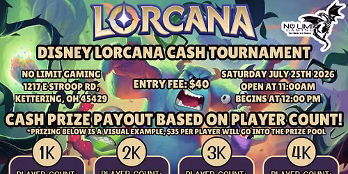 Disney Lorcana 1K-4K Cash Tournament at No Limit Gaming!
