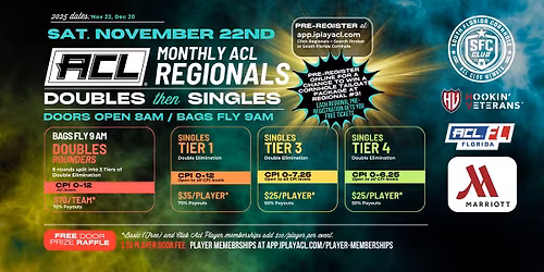 South Florida Cornhole - ACL November 22nd Regional - Bags Fly 9AM with BYOP ROUNDERS