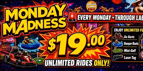 \ud83d\udd25 MONDAY MADNESS IS HERE! \ud83d\udd25 Every Monday through Labor Day, enjoy UNLIMITED RIDES for just $19.00