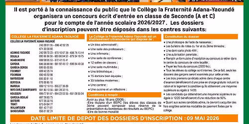 Le Concours d'entr\u00e9e au Coll\u00e8ge La Fraternit\u00e9 Adana Yaound\u00e9