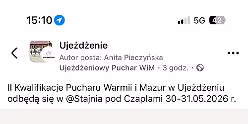 Zawody Regionalne i Towarzyskie Pucharu Warmii i Mazur w Uje\u017cd\u017ceniu 30-31.05.2026 r.