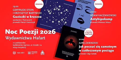 Noc Poezji Wyd. Ha!art 2026: Stein, Bartnicki, Kaczanowski, Zawadzki, Saba\u0142a, Mazur, Ciesielczyk