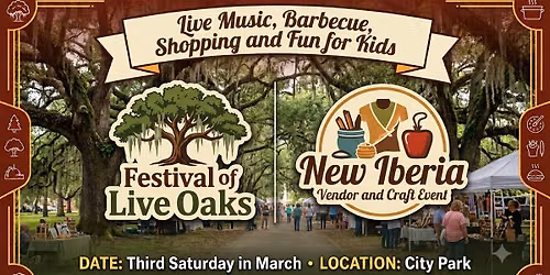Festival of Live Oaks, barbecue cook-off and New Iberia vendor and craft events