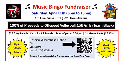 Music Bingo Fundraiser in support of Offspeed Volleyball 15U Girls (Team Black) 