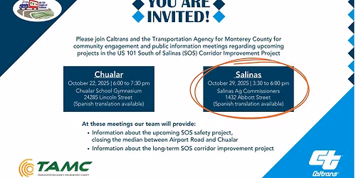 Salinas: Public Meetings on US 101 Safety & Corridor Improvements - South of Salinas