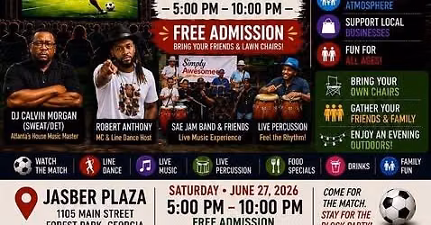 WE OUTSIDE! SOCCER! LINE DANCING! HOUSE MUSIC! LIVE BAND! FOOD OPTIONS! MUSICIANS WELCOME! FREE!