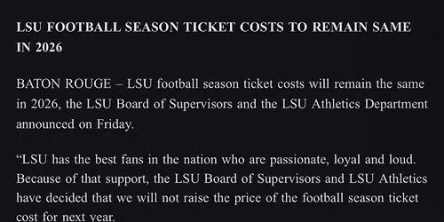 2026 LSU Tigers Football Season Tickets (Includes Tickets To All Regular Season Home Games)