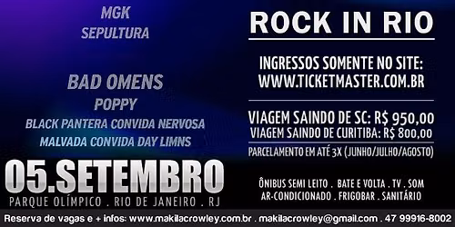 Excursão SC e PR - ROCK IN RIO AVENGED SEVENFOLD - 05/09/2026, Parque Olímpico, Rio de Janeiro/RJ