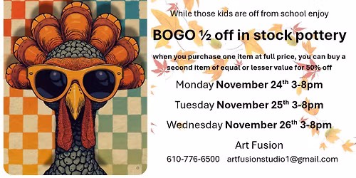 THREE DAYS ONLY BOGO 1\/2 OFF in stock pottery! 