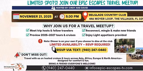 Epic Escapes Travel Group Meetup in Belglade Country Club \u2013 Nov. 21!