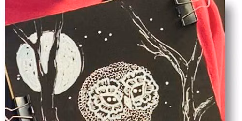 Morning Art Sessions for Adults. The Observant Owl in white pens on black card.