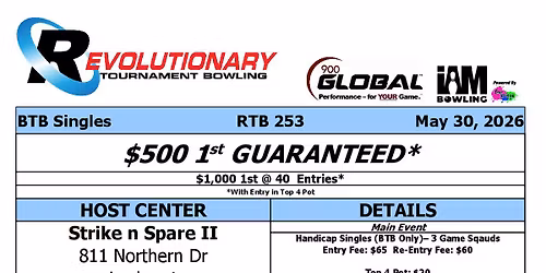 RTB 253 - 1 Day BTB Singles - $1,000 1st