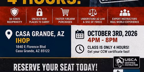 $20 Multi-state recognized Concealed Carry Permit Coming to casa grande! (Special weekend pricing)